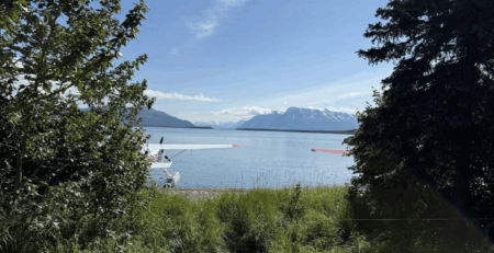 A small floatplane rests on the shoreline of a calm lake in Alaska, surrounded by tall grass and trees, with snow-capped mountains and a clear blue sky in the background.